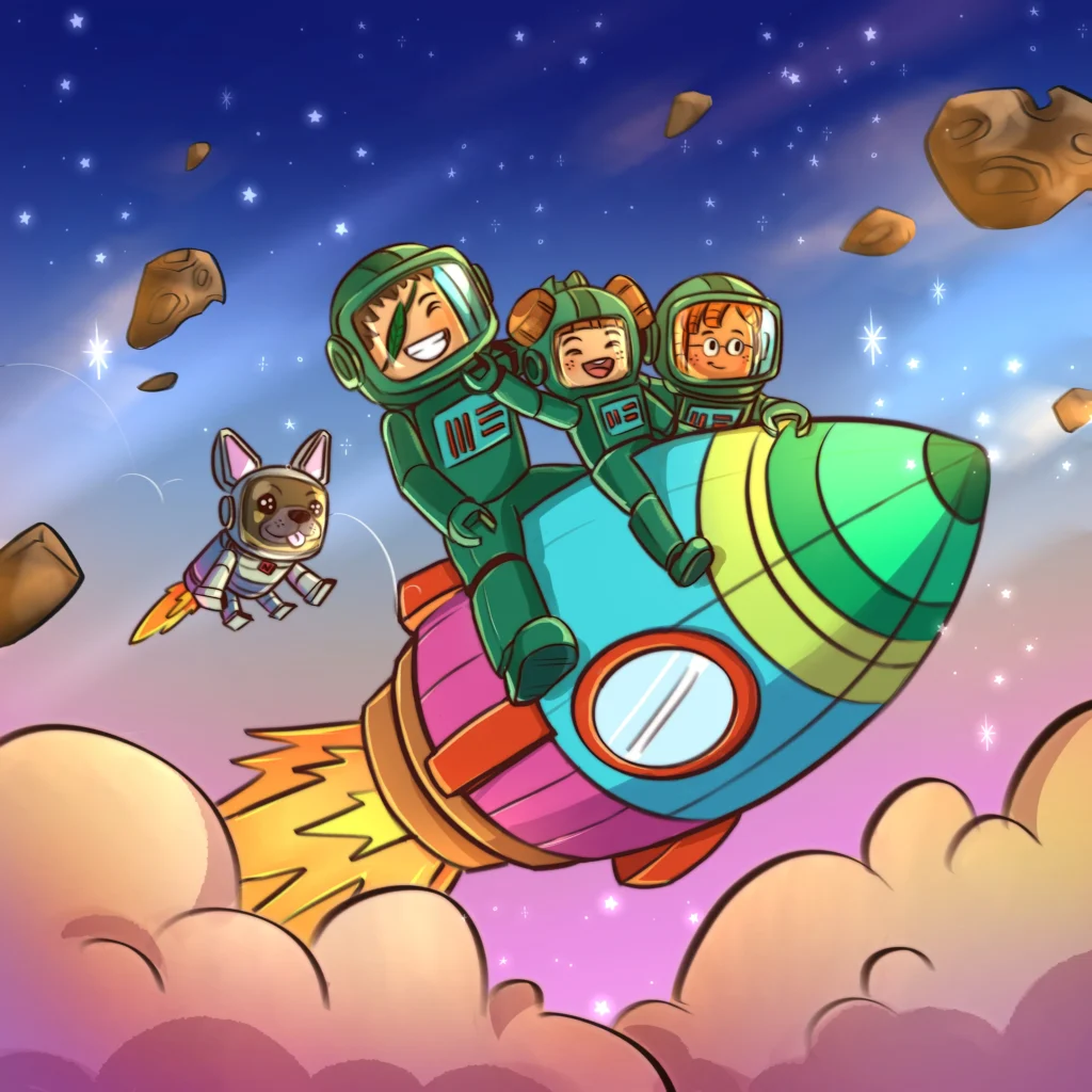 Teacher and students riding on a maths rocket.
